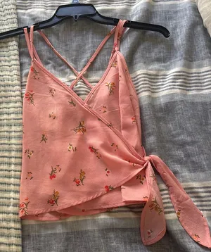 Pink wrap tank top with florals and cross back thumbnail 1