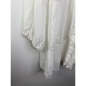 White Cotton Button Front‎ Tunic Boho Lace Eyelet Dress One Size Long Sleeve OS thumbnail 3