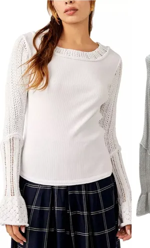 Free People Cuffing Season Top‎ Round-Neck Long-Sleeve Top White Size Medium thumbnail 1