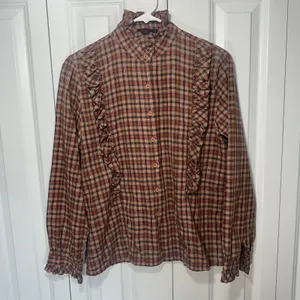 Plaid Ruffle Blouse Brown L Boho Prairie Cottagecore Fall Romantic Victorian Top thumbnail 2