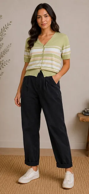 Vintage Y2K Forever Sage Green Fisherman Striped Knit‎ Cardigan Top Women's L thumbnail 1
