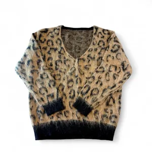 Leopard Print Fuzzy V-Neck Sweater Black Tan Knit Jumper Size L thumbnail 3