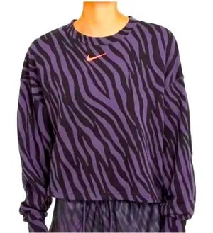Nike Women's Sports Icon Clash Animal Print Crewneck Sweatshirt LARGE PURPLE-BLK thumbnail 1