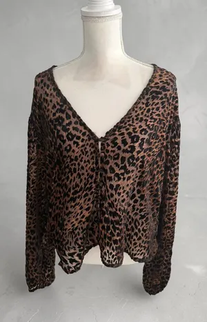 FREE PEOPLE Brown Animal Print Long Sleeve Top Size Medium thumbnail 1