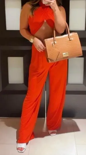 Tie Bandeau Crop Top And Wide Leg Pants Set thumbnail 1