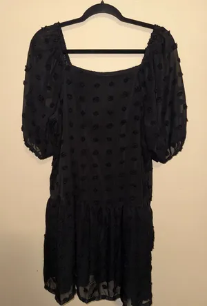 Boutique Black Swiss Dot Puff Sleeve babydoll Drop Waist Mini Dress L Dark Academia thumbnail 1