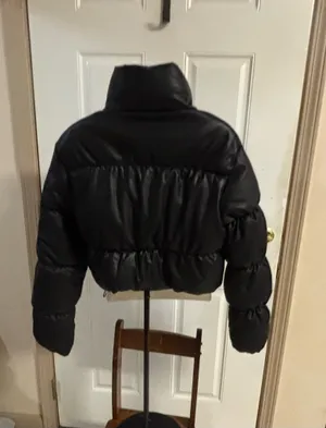 Large Ci Sono black mock neck, zip up faux leather puffer jacket thumbnail 2