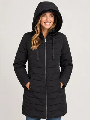 Nautica NWT Women Size M Black Hooded Puffer Jacket Coat Water Resistant Stretch thumbnail 2