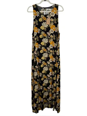 Natural Life Floral‎ Maxi Dress Black Yellow Sleeveless Pockets L/XL thumbnail 3