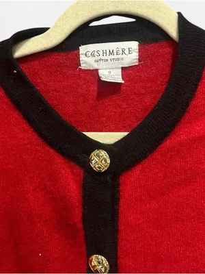 Vintage 100% Cashmere Red Cardigan Black Trim Gold Buttons Small thumbnail 5