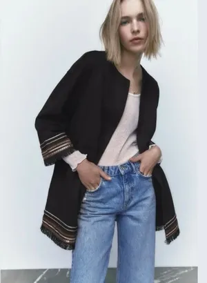 ZARA Women's L Combination Faux Suede Embroidered Jacket Boho Western Black thumbnail 1