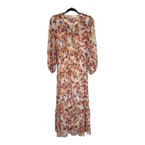 Maggy London Beige Floral Print Long Sleeve Chiffon Maxi Dress Size 4 New‎ thumbnail 2