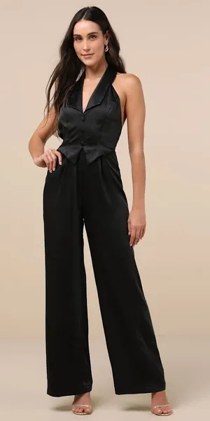 NWT Lulus Sensationally Sophisticated Black Satin Halter Vest Jumpsuit Party M thumbnail 1