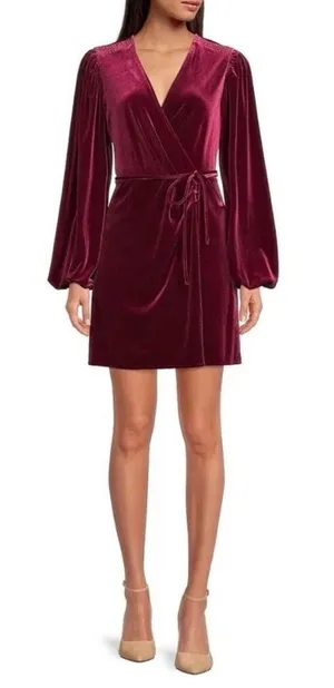 NWT Gianni Bini Leighton Merlot Red Velvet Long‎ Sleeve Wrap Mini Dress thumbnail 1