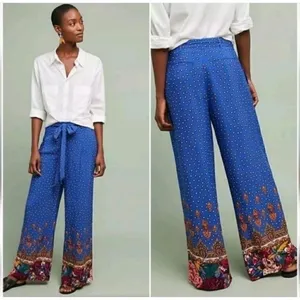 EttiTwa By Anthropologie Printed patterned Wide-Leg Trouser Pants size 14 Blue thumbnail 2
