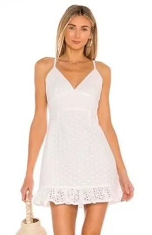 MINKPINK x REVOLVE Eyelet Mini‎ Dress Medium White Cutout Back Ruffle Hem Bride thumbnail 1