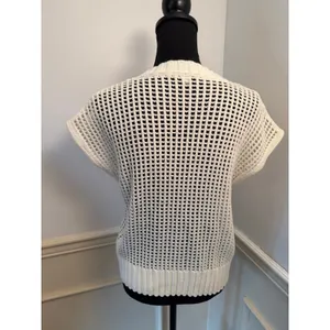 Open Knit Cream Cap Sleeve Sweater Pullover Breezy Summer Crochet Top Cover-Up thumbnail 5