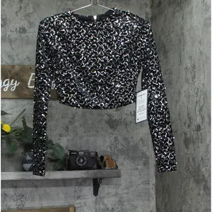 NWT Alex & Sophia Cropped Faux-Pearl-Trim Sequin Velvet Top Charcoal Black 2XS thumbnail 4