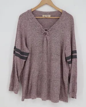 MISIA Curvy Womens 3X Marled Pink Lace Up V-Neck Varsity Stripe Top thumbnail 1