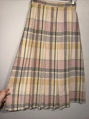 vintage midi skirt plaid 100% wool modest 70s skirt pastels neutrals thumbnail 2
