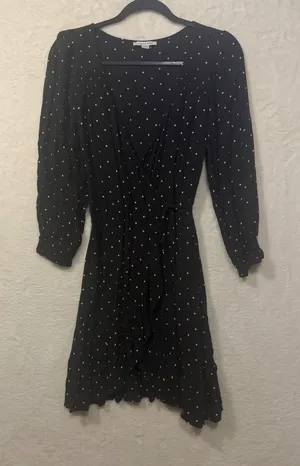 American Eagle‎ Wrap Dress Womens Medium Black Polka Dot Long Sleeve Ruffle Mini thumbnail 1