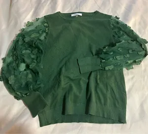 Green Floral Mesh Sleeve Sweater Statement Sleeve Top thumbnail 1