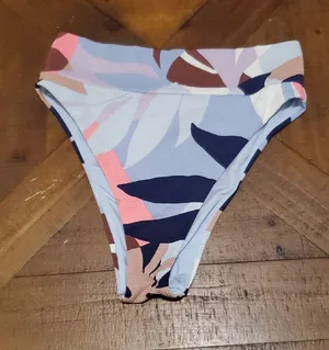 aerie High-Cut Bikini Bottoms in Light Blue, Navy & Pink Leaf Print thumbnail 1