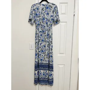 Angie Blue Floral Border Print Boho Maxi Wrap Dress Short Sleeve Rayon Medium thumbnail 5