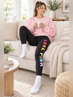 NWT Pink Victoria's Secret Leggings Small Black Rainbow Love Pink Logo High Wais thumbnail 9