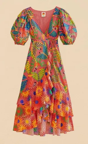 FARM Rio Coral Mixed Graphic Macaws Puff Sleeve Ruffle Hem Midi Wrap Dress XS thumbnail 1