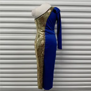 Womens One Shoulder Sequin Midi Dress Size XS Blue Gold Wedding Party Evening thumbnail 5