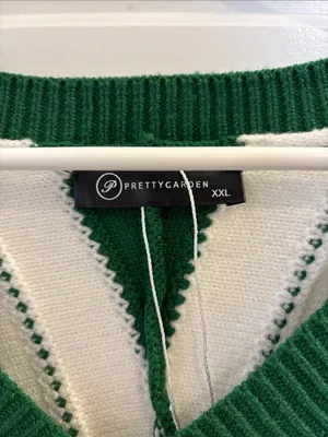 PrettyGarden XXL Green Cream Striped Oversized V Neck Sweater thumbnail 2
