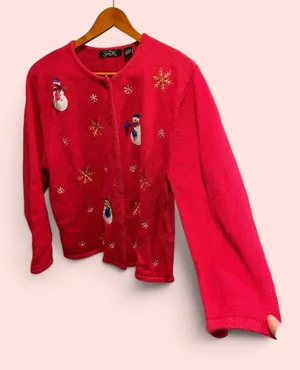 Cute cherry red holiday winter snowman 90s cotton blend cardigan sweater thumbnail 1