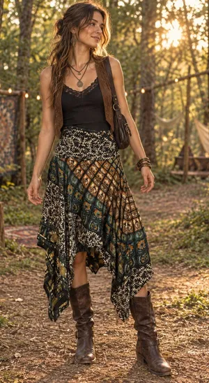 Peaceful People Patchwork Handkerchief Midi Skirt Boho Size M thumbnail 1