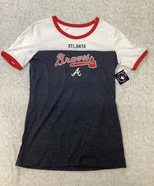 Campus Lifestyle Atlanta Braves MLB Womens Ringer Tee Navy White Red XS NEW‎ thumbnail 1