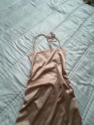 Leau Cabo gold satin adjustable strappy rouched mini dress M NWT thumbnail 6