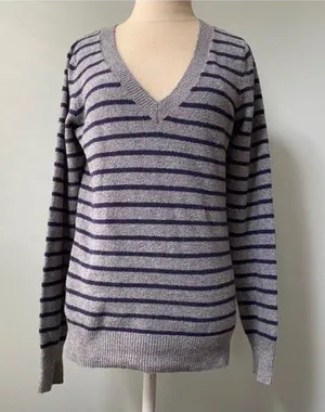 Gap Gray and Navy Stripe V Neck Sweater thumbnail 1