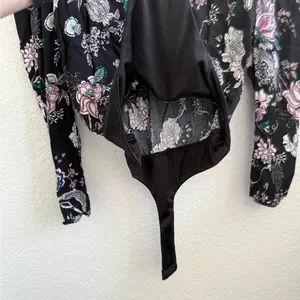 AFRM Surplice Long Sleeve‎ Bodysuit Puff Sleeve Black Pink Floral Small S thumbnail 5