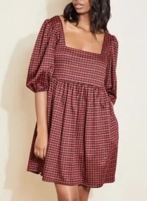 Hutch Square Neck Puff Sleeve Checker Plaid Mini Dress in Red Multi thumbnail 1