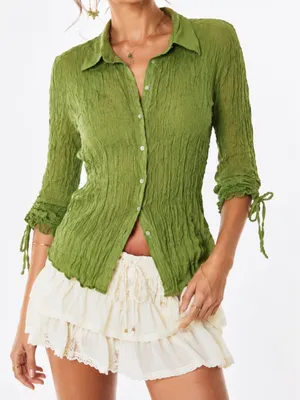 Jaipur Y2K Crinkle Green Tie Sleeve Button-Up Blouse Whimsical Fairycore M thumbnail 1