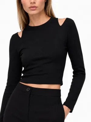 ZARA Black Cold Shoulder Cutout Crop Sweater Top Size M Goth Chic Classy thumbnail 1