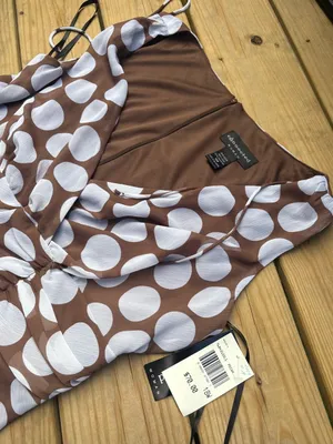Connected Woman 18W Brown White Polka Dot Ruched Chiffon Midi Dress NWT thumbnail 5