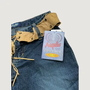 Angels So Sweet Y2K Flare Jeans Blue Denim Lace Up Faux Suede Belt Bell Bottoms thumbnail 3
