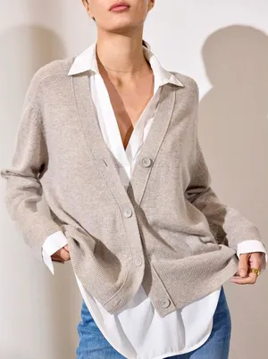 Brochu‎ Walker Women Wool Cashmere Callie Layered Looker Cardigan Medium Tan thumbnail 1