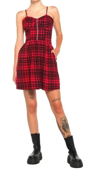 Hot Topic Plaid Zip Pleat Mini Dress Red‎ Black Check Punk Grunge NWT Size Large thumbnail 1