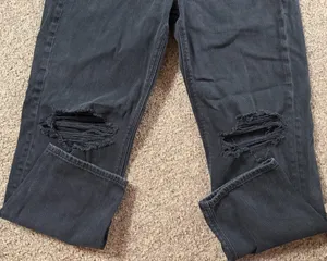 American Eagle Women's Black Distressed Straight Leg Jeans thumbnail 4