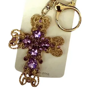 Mint Gold Filigree Purple Rhinestone Cross Bag Tag Key Ring thumbnail 1