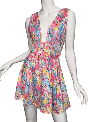 💖Floral Plunge Open Back‎ Mini Dress Maximalist Garden Party Summer Coquette thumbnail 1