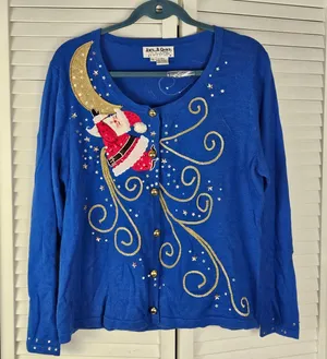 Vintage Jack B Quick Blue Embellished Santa Moon Christmas Cardigan Sweater‎ L thumbnail 1