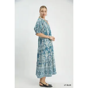 Umgee‎ Two tone Border Print Midi Dress - Lt. Blue - Small thumbnail 3